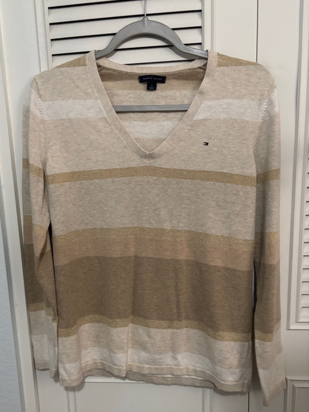 Tommy Hilfiger Women's V-Neck Sweater in Beige, Cream, Gold Stripes